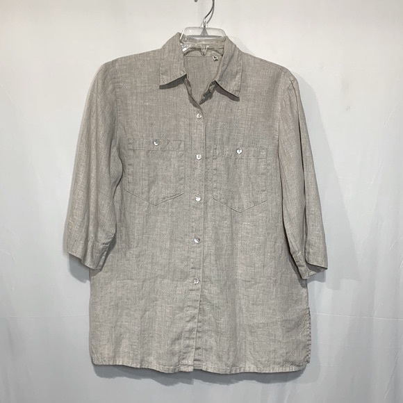 LINEN Button front top blouse chest pockets w buttons neutral color women’s sz L - Picture 1 of 11